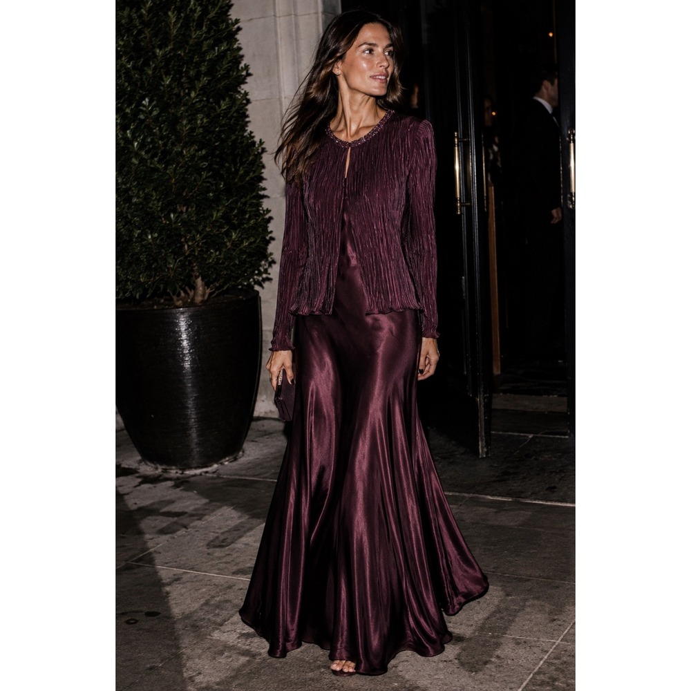 Vintage Cachet 90s Merlot Satin Maxi Dress Beaded Jacket Set 10